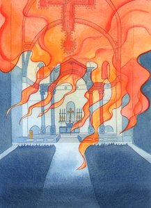 Kirken eller katedralen, hvori katolikker beder, hviler i Guds varetægt, 2003 (w/c på papir) af Elizabeth Wang