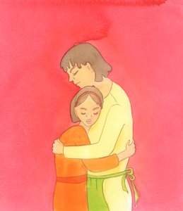 Den trøst, som nære venner af Kristus oplever i hans nærvær, er som den trøst, der opleves, når en ulykkelig pige bliver holdt af sin mor, 2005 (akvarel på papir). af Elizabeth Wang