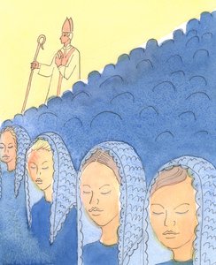 Tildækning og afdækning af hovedet er vigtigt for Bishops, 2004 (w/c på papir) af Elizabeth Wang