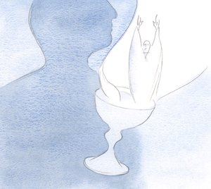 Hjertet er som en kalk, når det ofres til Faderen indeholdende Kristus det pletfrie offer og offer., 2001 (w/c på papir) af Elizabeth Wang