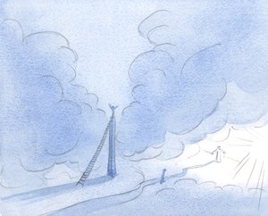 Den utålmodige sjæl (Kristus viste mig) bygger et højt tårn, stræber efter lys, i stedet for støt at følge den lave, smalle vej., 2001 (w/c på papir) af Elizabeth Wang