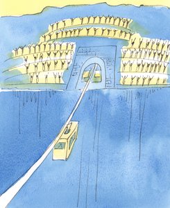 Rejsen fra liv til død er som at være på en svævebane mellem to bjerge, 2004 (w/c på papir) af Elizabeth Wang