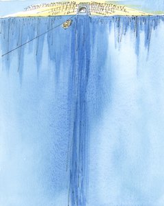 Rejsen fra liv til død er som at være på en svævebane mellem to bjerge, 2004 (w/c på papir) af Elizabeth Wang