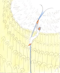 Guds liv er så fantastisk og herligt, at selv de hellige i himlen, som stirrer på Gud i undren, ikke helt forstår den hellige treenighed, 2004 (w/c på papir) af Elizabeth Wang