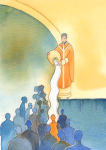 Hovedopgaverne for dem, der deler Kristi præstedømme, er at frelse sjæle, at vaske dem rene ved Kristi dyrebare blod, ved hans offer og hans sakramenter, 2002 (w/c på papir) af Elizabeth Wang