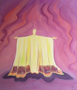 Jesu bøn i messen er som et telt, der giver ly og beskytter os i ørkenen af daglige kampe og fristelser, 2001 (olie om bord) af Elizabeth Wang