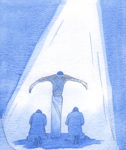 Den lidende Frelser står med udstrakte arme for at beskytte angrende mennesker; og Faderen ser kærligt fra himlen på sin søn, 2002 (w/c på papir) af Elizabeth Wang