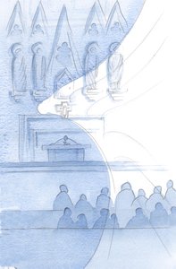 Hele kirkebygningen myldrer af engle; vi børster dem hvert øjeblik., 2001 (w/c på papir) af Elizabeth Wang