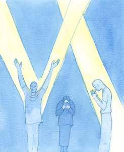 Der er mange forskellige måder at bede på, og mange forskellige indre holdninger; Det, der betyder noget, er vores oprigtige kærlighed til Gud, 2003 (w/c på papir) af Elizabeth Wang