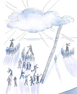 Der er mange velmenende mennesker, der tilbyder folkemængderne meget forskellige ideer om Gud, 2004 (w/c på papir) af Elizabeth Wang