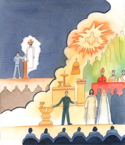 Der er offentlige foredrag for nysgerrige, hvor talerne fortæller om deres personlige venskab med Jesus, som styrkes af det, de læser i Bibelen, 2005 (akvarel på papir) af Elizabeth Wang