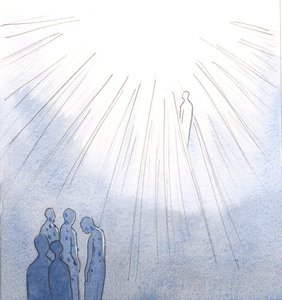 De, der nægter at omvende sig fra alvorlig synd og dø, kan ikke komme ind i himlen; men de hellige sjæle, som er åbne for Kristi barmhjertighed, kommer ind i himlen, når de er blevet renset., 2001 (w/c på papir) af Elizabeth Wang