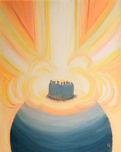 Gennem Kristus omslutter Himlens lys os ved hver messe, 2000 (olie om bord) af Elizabeth Wang