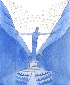 Gennem ham, med ham: Kristus, som er til stede iblandt os, river det forhæng fra hinanden, som adskiller os fra himlen, 2005 (akvarel på papir) af Elizabeth Wang