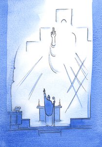 Gennem hver biskop, der er i fællesskab med paven, helliggør, underviser og vejleder Gud Fader os, 2002 (w/c på papir) af Elizabeth Wang