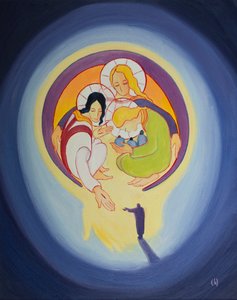 Gennem omvendelse og tro på Kristus tillader vi ham at trække os ind i hjertet af den hellige treenighed, 2001 (olie om bord) af Elizabeth Wang