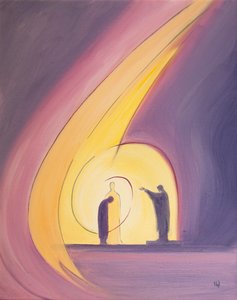 Gennem velsignelsen ved messens afslutning er vi indhyllet i den hellige treenigheds liv, 2001 (olie om bord) af Elizabeth Wang