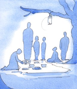 Tid til et stop: Som pilgrimsfamilien bruger sine forsyninger, så nyder kirken lys, lederskab, mad og midler til vedligeholdelse og mission, 2003 (w/c på papir) af Elizabeth Wang