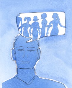 At dvæle konstant ved pornografiske fantasier er som at leve i et fremmed land, fanget i selvforkælelse, undgå hverdagens glæder og pligter og "undgå" fællesskabet med vores alkærlige Gud, 2004 (akvarel på papir). af Elizabeth Wang