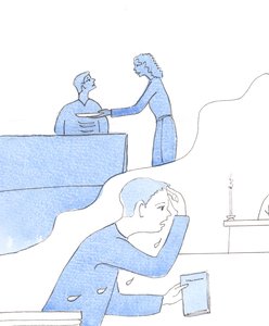 At smække en tallerken med mad ned foran en anden person er at fodre den person med ringe ynde eller næstekærlighed, 2005 (akvarel på papir) af Elizabeth Wang