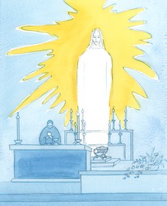 Sandelig, Kristus, vor Gud, er til stede foran os, krop, blod, sjæl og guddommelighed: Til stede i herlighed ved hver messe for at bede til Faderen på vores vegne, 2003 (w/c på papir) af Elizabeth Wang