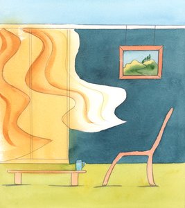 To mennesker kan se på den samme scene, og den ene føler rædsel - velvidende at en morder lusker rundt, mens den anden kun ser brisen, der blæser i gardinerne - mens solen skinner ned, 2005 (akvarel på papir). af Elizabeth Wang