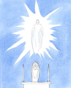 Vi har ret til at ære Maria, den velsignede jomfru, gennem hvem Faderen gav os sin søn, og alle de nådegaver, vi modtager i kirken, især i den hellige eukaristi, 2005 (akvarel på papir). af Elizabeth Wang