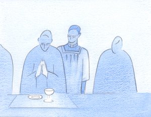 Vi kan forsøge at handle mod Kristus, som denne præst handlede over for sin biskop: årvågen og til enhver tid villig til at være til tjeneste, 2002 (w/c på papir) af Elizabeth Wang