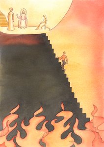 Vi har et valg, at synke ned i synd og helvede eller at følge Kristi vej til himlen, 2005 (akvarel på papir) af Elizabeth Wang