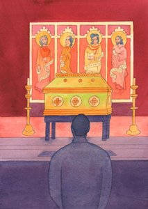 Vi har et levende forhold til de hellige, der er døde, så vi bør tale med dem, 2003 (w/c på papir) af Elizabeth Wang