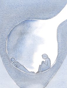 Vi behøver ikke kæmpe for at hæve os over vores smerte. Kristus er her, i mørket, dybt nede i vores sorger, 2000 (w/c på papir) af Elizabeth Wang