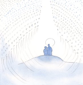 Vi sad i bøn sammen. Jeg så himlens store skare, som tilbeder Gud uophørligt, i og gennem Kristus vor Frelser, 2000 (w/c på papir) af Elizabeth Wang