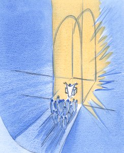 Vi, der står foran alteret, er blevet samlet her af Gud selv. Vi lever i hans herlige venskab, Kristus i vores midte, 2002 (w/c på papir) af Elizabeth Wang