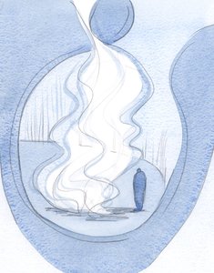Hvilket nådens bål, når vi afslører og stiller alle vores fejl og svagheder foran Kristus., 2001 (w/c på papir) af Elizabeth Wang