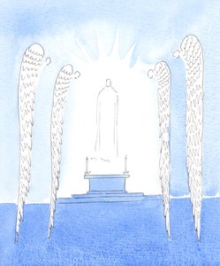 Når Kristus bliver gjort nærværende for os ved indvielsen, står de hellige engle med ærefrygt over den kærlighed, han viser os ved at komme blandt os på denne forbløffende måde, 2005 (akvarel på papir). af Elizabeth Wang