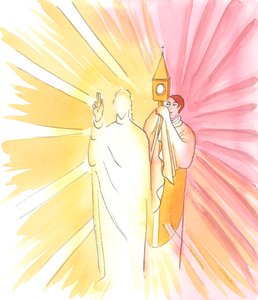 Når en præst holder monstransen med den hellige vært og velsigner os med den, velsigner Kristus os selv, selvom vi ikke ser ham, 2003 (w/c på papir) af Elizabeth Wang