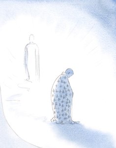 Når en sjæl opgiver sine personlige ambitioner for Kristi kærlighed, giver Kristus den den kappe, den vil bære, når den går mod Faderen., 2001 (w/c på papir) af Elizabeth Wang