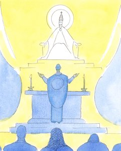 Når præst og mennesker alle vender i samme retning ved messen, ser de alle sammen mod Faderen for at prise ham gennem Kristus., 2004 (w/c på papir) af Elizabeth Wang