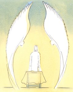 Når det velsignede sakramente bringes hjem til en syg person, er det i sandhed Kristus, der er sakramentalt til stede der, vogtet som altid af englene, der elsker og tilbeder ham., 2004 (w/c på papir) af Elizabeth Wang