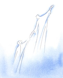 Da den hellige jomfru Maria nåede slutningen af sit liv, blev hun løftet til herlighed af Kristus, hendes elskede søn, 2002 (w/c på papir) af Elizabeth Wang