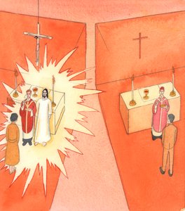 Når brødet og vinen indvies af en katolsk præst, forvandles de til Kristi hellige legeme og blod; og Kristus forvandler kommunikanten ved sit guddommelige liv, 2005 (akvarel på papir). af Elizabeth Wang