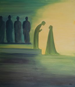 Da barnet Jesus blev fundet i templet, lænede han sig frem og forklarede stille over for sin hellige moder (med uendelig venlighed), at hans arbejde allerede var begyndt., 2001 (olie om bord) af Elizabeth Wang
