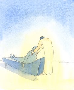 Når vi er syge, og Kristus kommer til os i den hellige nadver, er det, som om han insisterer på at hjælpe os med at lægge os på en sofa, 2003 (w/c på papir) af Elizabeth Wang