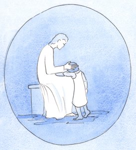 Når vi omvender os fra vores synder, ser Jesus Kristus på os med ømhed, ligesom når en mor omfavner sit barn, 2001 (w/c på papir) af Elizabeth Wang