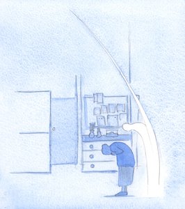 Når jeg bøjer mig for den hellige treenighed, gør min hellige engel det samme, ligesom han gentager ethvert ærbødigt tegn på korset, 2002 (w/c på papir) af Elizabeth Wang