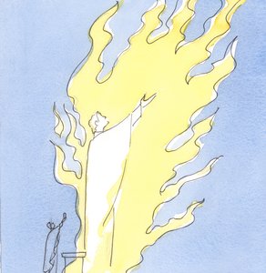 Hver gang det hellige offer ofres fra vores alter, lovpriser Kristus, der er til stede i nadverform, Faderen i Helligåndens brændende kærlighed, 2003 (w/c på papir) af Elizabeth Wang
