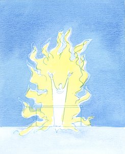 Hver gang det hellige offer ofres fra vores alter, lovpriser Kristus, der er til stede i nadverform, Faderen i Helligåndens brændende kærlighed, 2003 (w/c på papir) af Elizabeth Wang