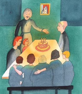 Hvor folk lytter til Kirken og takker Gud for deres børn og sætter familiens behov før deres egne ambitioner, et hjem er som en oase af lys, 2003 (w/c på papir) af Elizabeth Wang