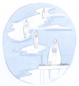 Overalt hvor en katolsk præst ofrer messens hellige offer, er der Jesus Kristus, tilstede med sit folk, 2000 (w/c på papir) af Elizabeth Wang