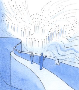 Den, der holder pause i sit arbejde, for at bede - alene eller i fælles bøn - kan se mod himlen, hvor Kristus hersker med de hellige i herlighed, 2003 (w/c på papir) af Elizabeth Wang